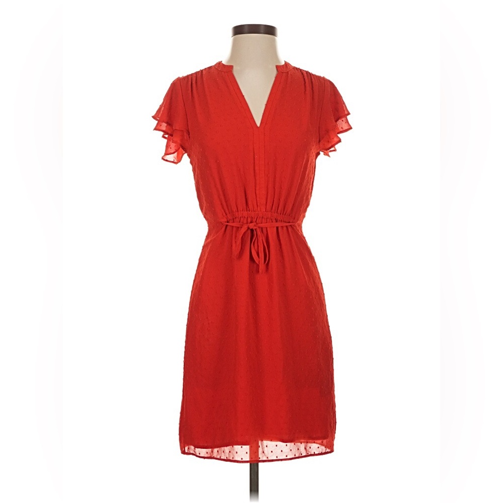 H&M Red Spotted Dots Pin Up Style Dress Ruffle Shoulders Midi Vintage Style 10